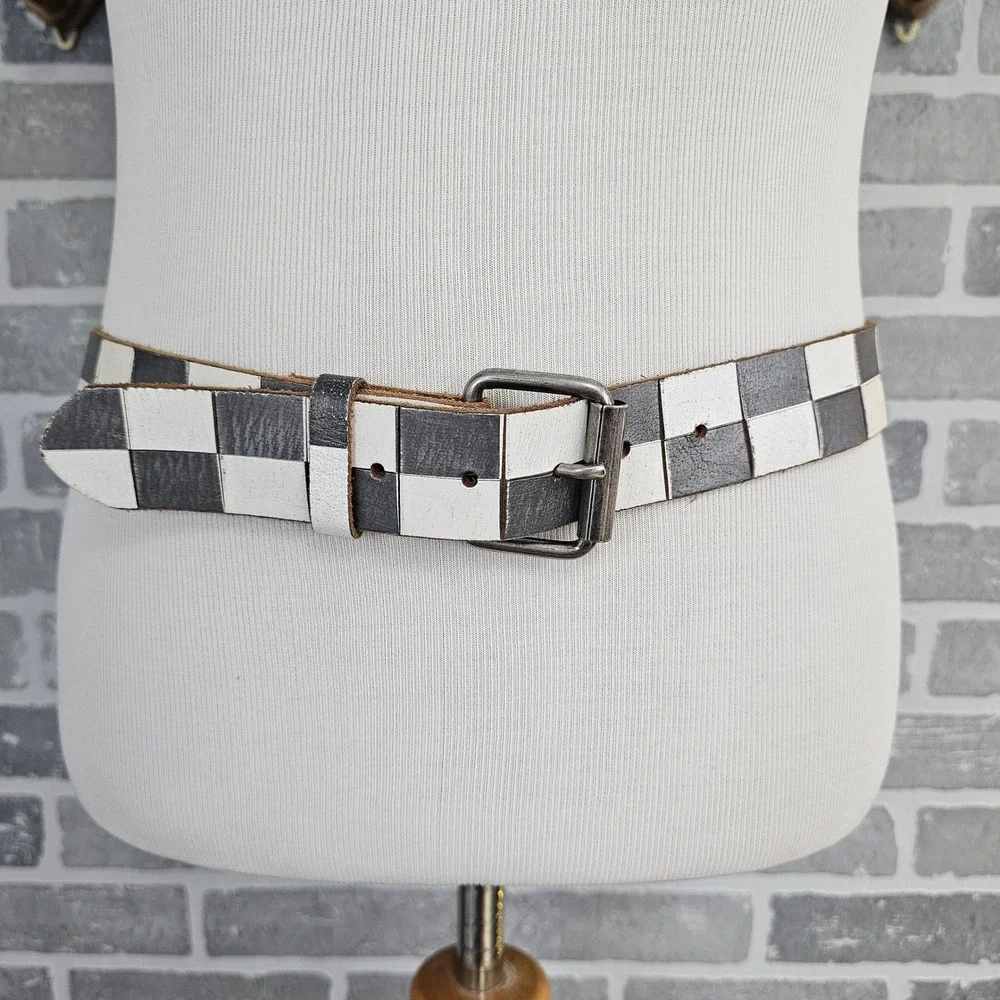 Urban Outfitters Black White Checkered Leather Belt Mens 34 Punk Ska Emo Y2K